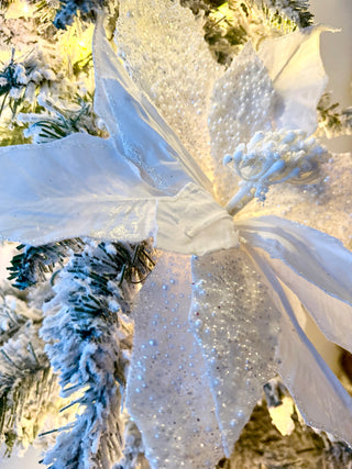 Large White Beaded Christmas Poinsettia Pick-Christmas Tree Embellishment 22" Tall