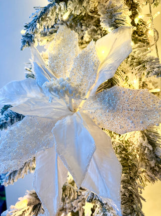 Large White Beaded Christmas Poinsettia Pick-Christmas Tree Embellishment 22" Tall