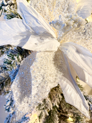Large White Beaded Christmas Poinsettia Pick-Christmas Tree Embellishment 22" Tall
