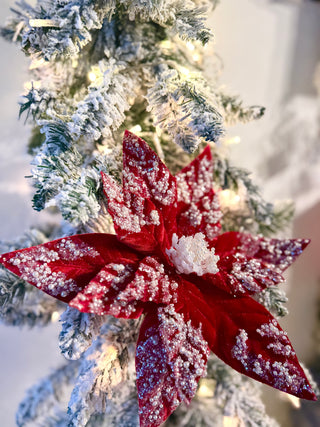 Large Red Beaded Christmas Poinsettia Stem - Holliday Decor