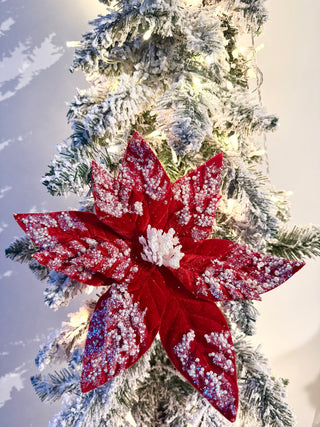 Large Red Beaded Christmas Poinsettia Stem - Holliday Decor