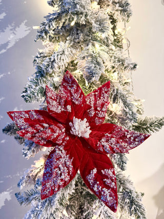 Large Red Beaded Christmas Poinsettia Stem - Holliday Decor