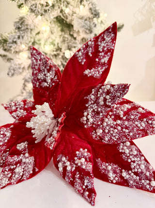 Large Red Beaded Christmas Poinsettia Stem - Holliday Decor