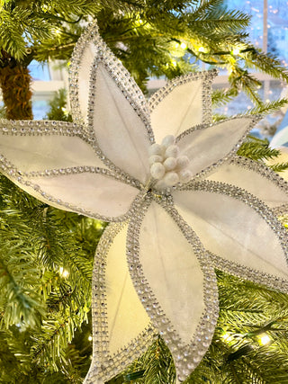 White Jeweled Edge Velvet Poinsettia Stem 22"Tall