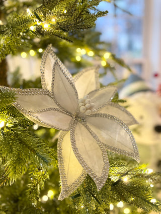 White Jeweled Edge Velvet Poinsettia Stem 22"Tall