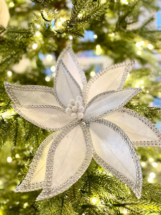 White Jeweled Edge Velvet Poinsettia Stem 22"Tall