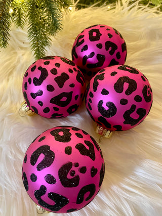 Pink & Black Leopard Print Glass Ornaments - Holiday Decor (Set Of 4)