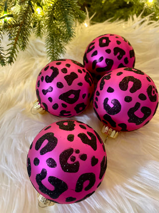 Pink & Black Leopard Print Glass Ornaments - Holiday Decor (Set Of 4)