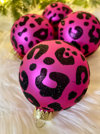 Pink & Black Leopard Print Glass Ornaments - Holiday Decor (Set Of 4)