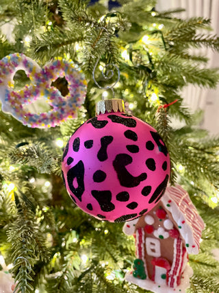 Pink & Black Leopard Print Glass Ornaments - Holiday Decor (Set Of 4)