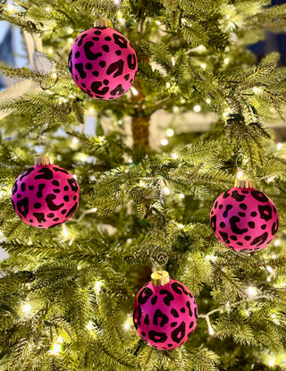 Pink & Black Leopard Print Glass Ornaments - Holiday Decor (Set Of 4)