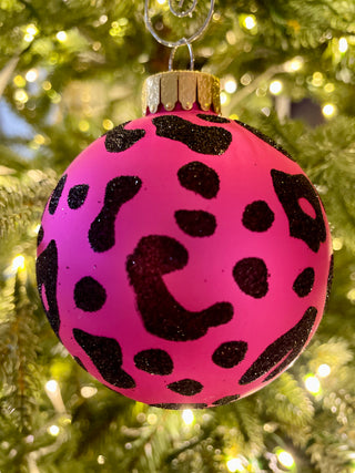 Pink & Black Leopard Print Glass Ornaments - Holiday Decor (Set Of 4)