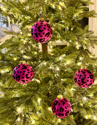 Pink & Black Leopard Print Glass Ornaments - Holiday Decor (Set Of 4)