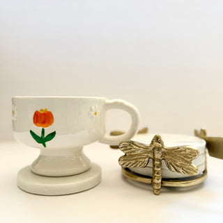 Round Marble Coasters with Gold Dragonfly Holder