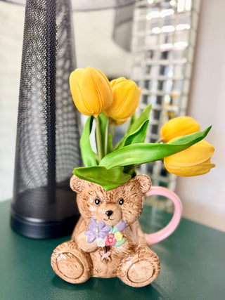 Large Teddy Bear Coffee Mug with Bouquet of Flower Design - 28 Oz.