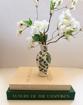 Set of 2 Decorative Books Open For Storage, Linen + 1 Small Vase + 1 White Cherry Blossom + 1 Wood Bead Tassel Garland