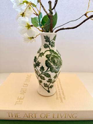 Set of 2 Decorative Books Open For Storage, Linen + 1 Small Vase + 1 White Cherry Blossom + 1 Wood Bead Tassel Garland