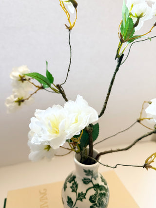Set of 2 Decorative Books Open For Storage, Linen + 1 Small Vase + 1 White Cherry Blossom + 1 Wood Bead Tassel Garland