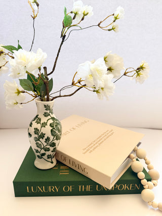 Set of 2 Decorative Books Open For Storage, Linen + 1 Small Vase + 1 White Cherry Blossom + 1 Wood Bead Tassel Garland