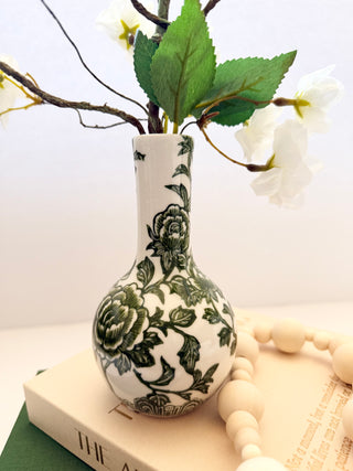 Set of 2 Decorative Books Open For Storage, Linen + 1 Small Vase + 1 White Cherry Blossom + 1 Wood Bead Tassel Garland