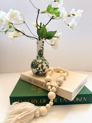 Set of 2 Decorative Books Open For Storage, Linen + 1 Small Vase + 1 White Cherry Blossom + 1 Wood Bead Tassel Garland
