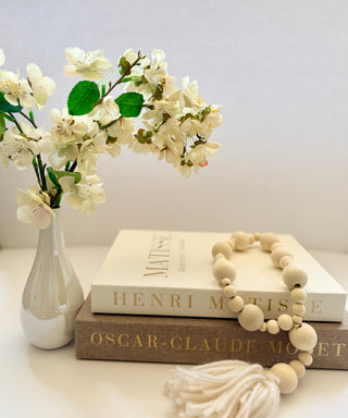 Set of 2 Decorative Books Open For Storage, Linen + 1 Small Vase + 2 Cherry Blossom + 1 Wood Bead Tassel Garland