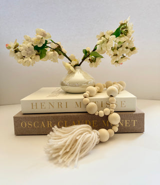 Set of 2 Decorative Books Open For Storage, Linen + 1 Small Vase + 2 Cherry Blossom + 1 Wood Bead Tassel Garland