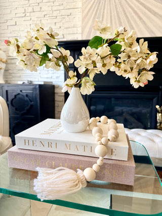 Set of 2 Decorative Books Open For Storage, Linen + 1 Small Vase + 2 Cherry Blossom + 1 Wood Bead Tassel Garland