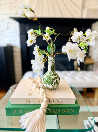 Set of 2 Decorative Books Open For Storage, Linen + 1 Small Vase + 1 White Cherry Blossom + 1 Wood Bead Tassel Garland
