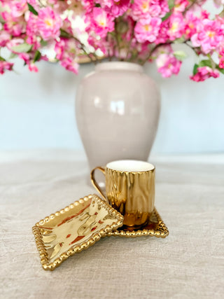 Set of 2 Gold Ceramic Coasters With Beaded Trim- Table Accessory