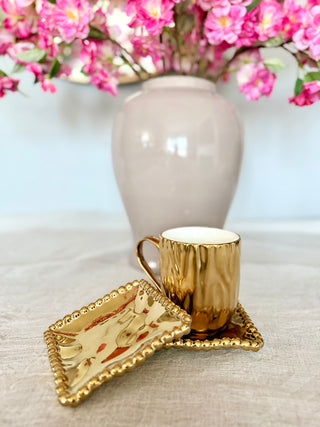 Set of 2 Gold Ceramic Coasters With Beaded Trim- Table Accessory