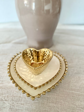 Three-Piece Heart-Shaped Dinnerware Set, White and Gold, With Beaded Trim