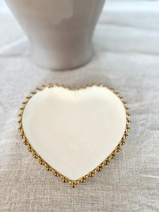 Three-Piece Heart-Shaped Dinnerware Set, White and Gold, With Beaded Trim