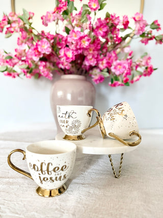 Footed Porcelain Coffee Mug With Cream and Gold Rim - (14 oz)