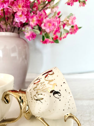 Footed Porcelain Coffee Mug With Cream and Gold Rim - (14 oz)