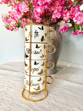 White and Gold Coffee Mugs (Set of 4) Stacking Mugs