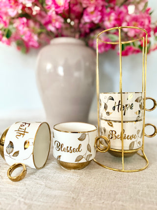 White and Gold Coffee Mugs (Set of 4) Stacking Mugs