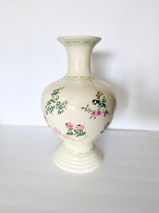 Crackle-Glazed Ceramic Vase With a Raised Floral and Bird Motif