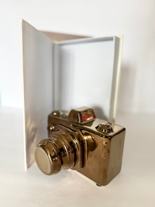 Set of 2 Decorative Open Books - Faux Storage Books + 1 Decorative Ceramic Camera Sculpture