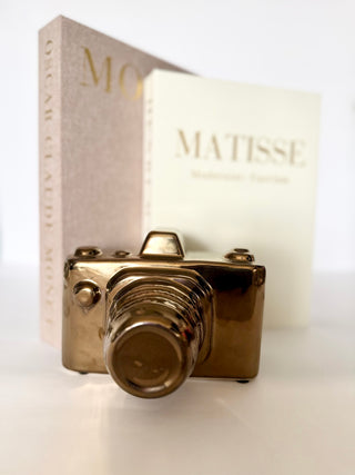 Set of 2 Decorative Open Books - Faux Storage Books + 1 Decorative Ceramic Camera Sculpture