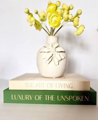 Set of 2 Decorative Books Open For Storage, Linen + 1 Vase + Pack of 6 Yellow Mini Ranunculus