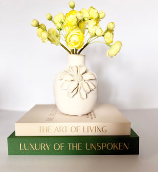 Set of 2 Decorative Books Open For Storage, Linen + 1 Vase + Pack of 6 Yellow Mini Ranunculus