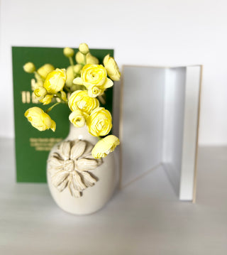 Set of 2 Decorative Books Open For Storage, Linen + 1 Vase + Pack of 6 Yellow Mini Ranunculus