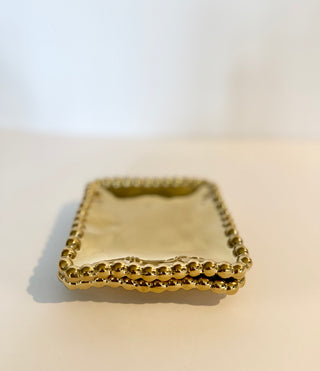 Set of 2 Gold Ceramic Coasters With Beaded Trim- Table Accessory