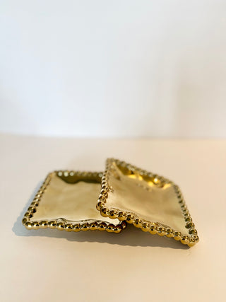 Set of 2 Gold Ceramic Coasters With Beaded Trim- Table Accessory