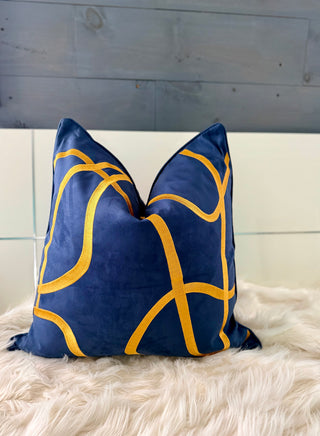 Set Of 2 Decorative Throw Pillows + 2 Down Feather Insert - Navy Blue With Gold Striped Accent (24" x 24") Luxury Design