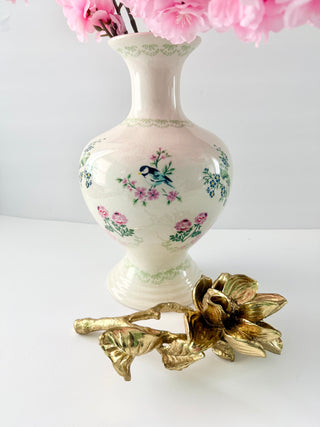 Crackle-Glazed Ceramic Vase With a Raised Floral and Bird Motif