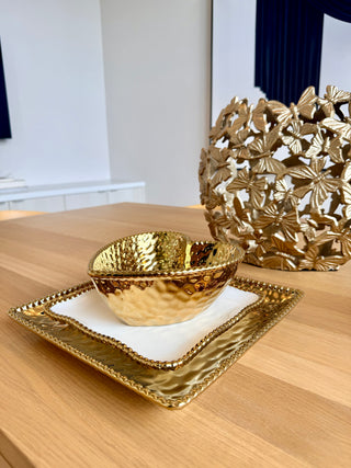 Luxury White and Gold Dinnerware Set - Square and Heart-Shaped Patterns With Beaded Border (3 Pcs)