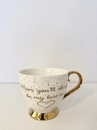 Footed Porcelain Coffee Mug With Cream and Gold Trim (14 oz) - Ideal Mother's Day Gift