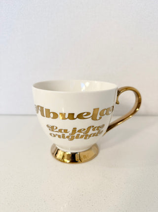 Footed Porcelain Coffee Mug With Cream and Gold Trim (14 oz) - Ideal Mother's Day Gift
